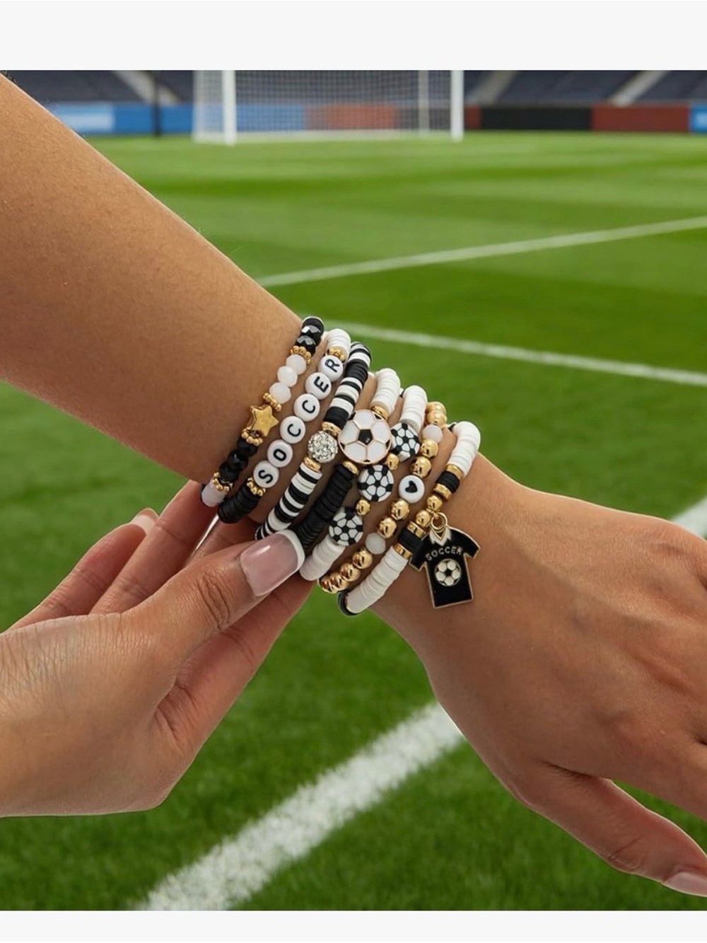 Soccer Themed Jersey Charm Stackable Beaded Braceletsβ-Black & White - Picture 3 of 7